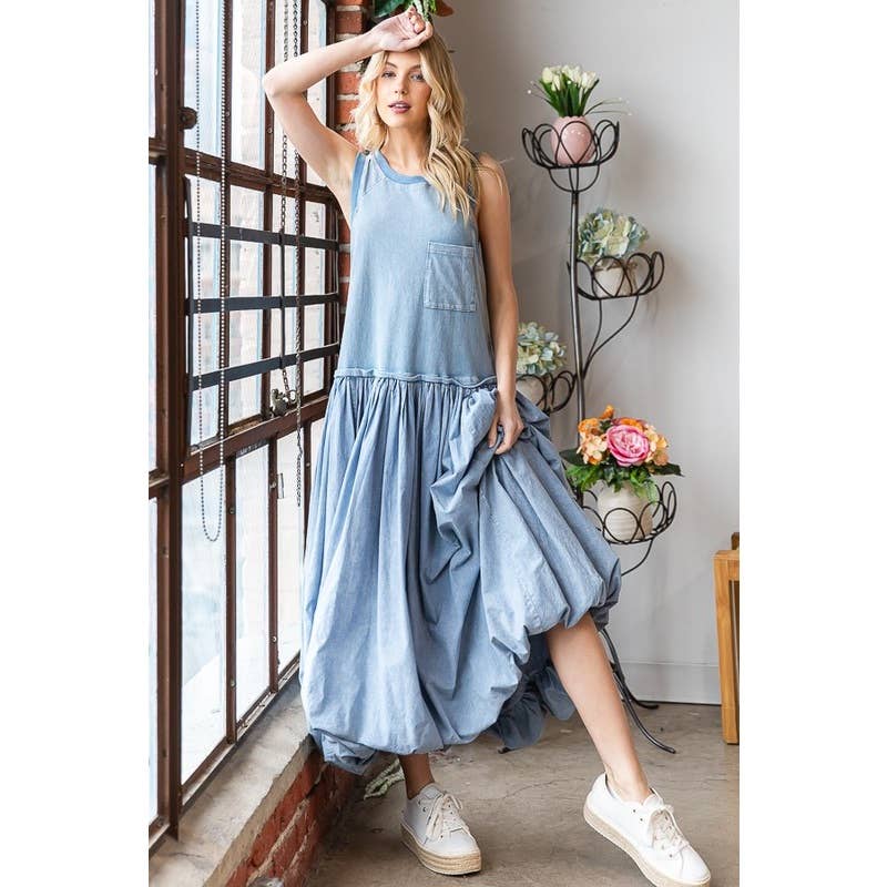 WASHED SLEEVELESS BUBBLE HEM MAXI TANK DRESS