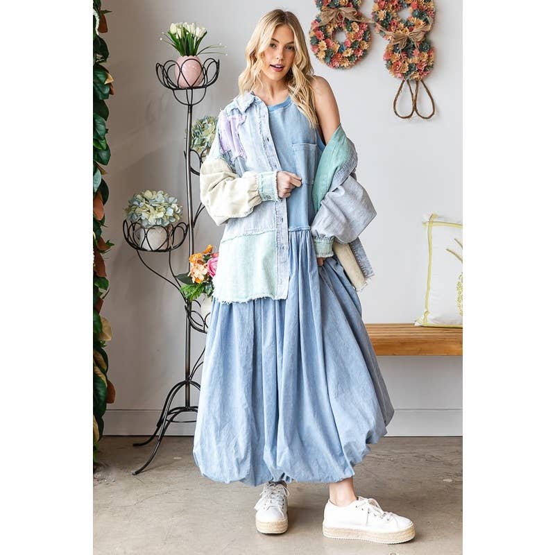 WASHED SLEEVELESS BUBBLE HEM MAXI TANK DRESS
