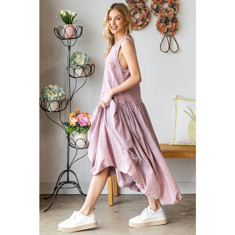 WASHED SLEEVELESS BUBBLE HEM MAXI TANK DRESS