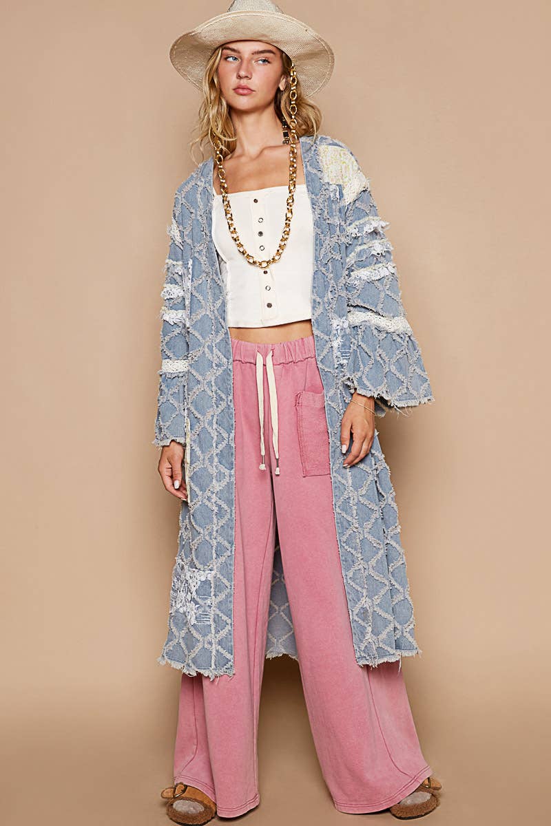 Flared sleeve lace denim cardigan