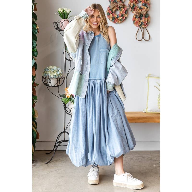 WASHED SLEEVELESS BUBBLE HEM MAXI TANK DRESS