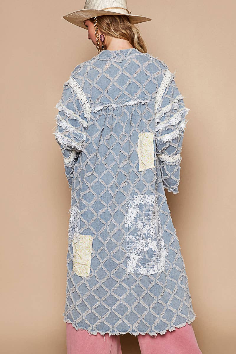 Flared sleeve lace denim cardigan