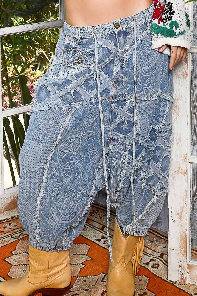 Paisley pattern frayed edge detail plaid harem woven pant