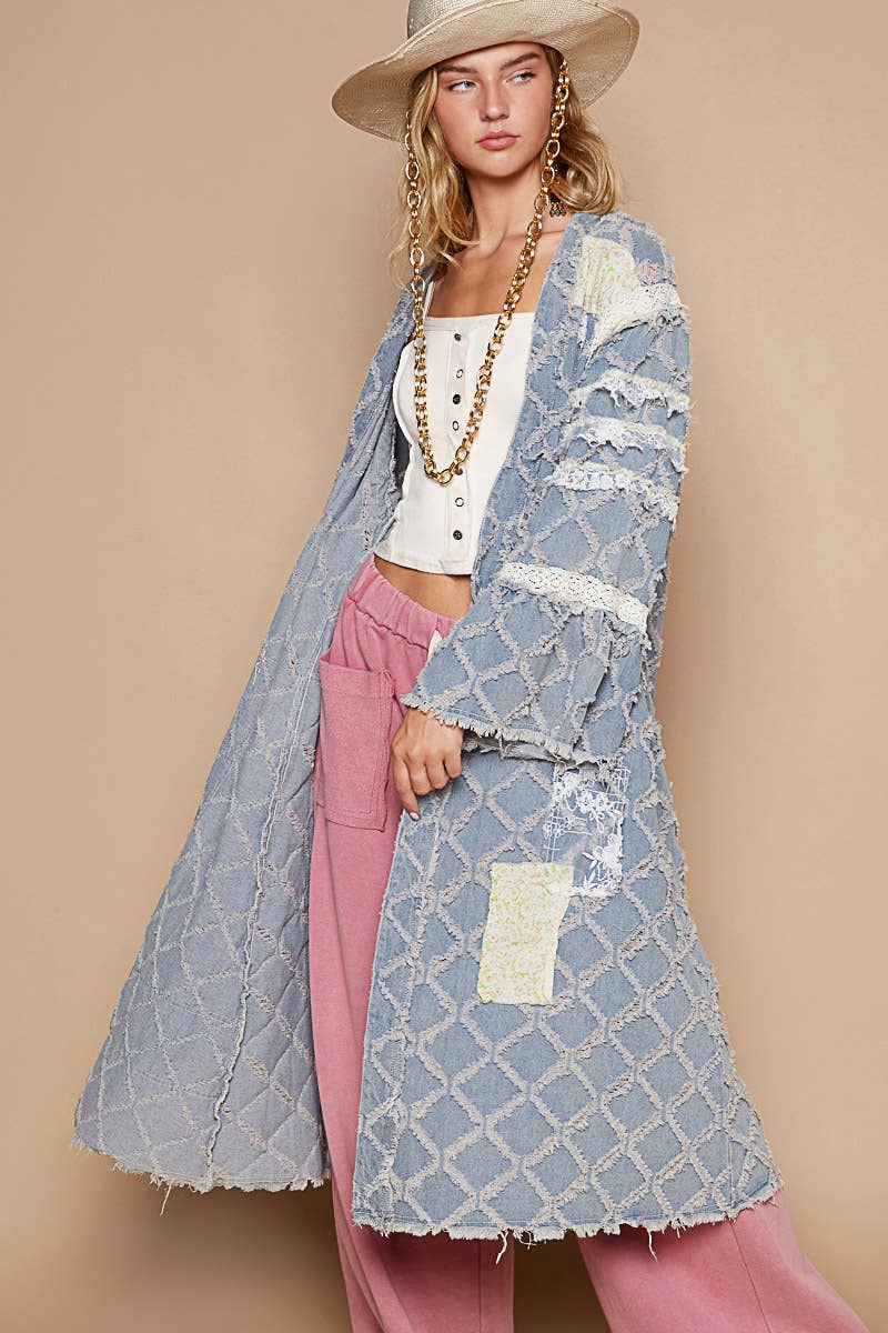 Flared sleeve lace denim cardigan