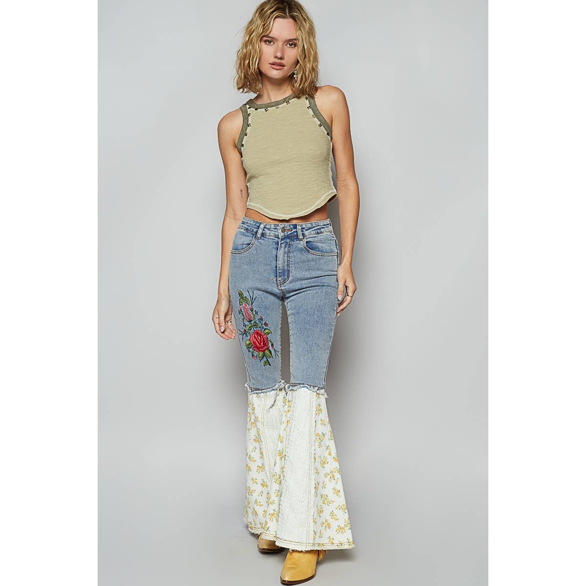 Embroidery and lace patch Flared pants