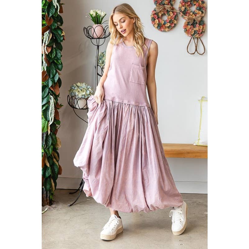 WASHED SLEEVELESS BUBBLE HEM MAXI TANK DRESS