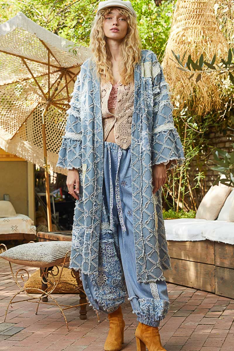 Flared sleeve lace denim cardigan