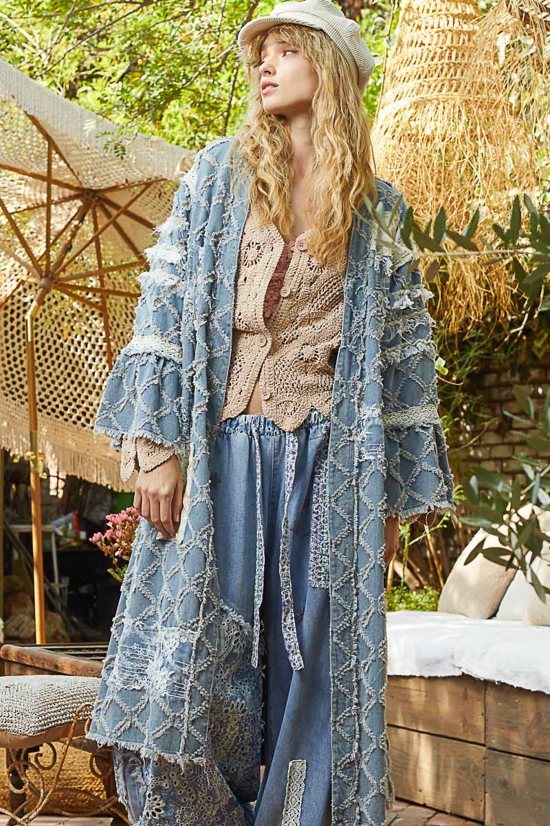 Flared sleeve lace denim cardigan