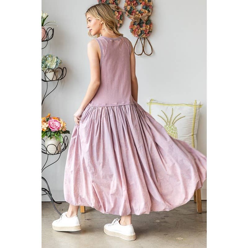 WASHED SLEEVELESS BUBBLE HEM MAXI TANK DRESS
