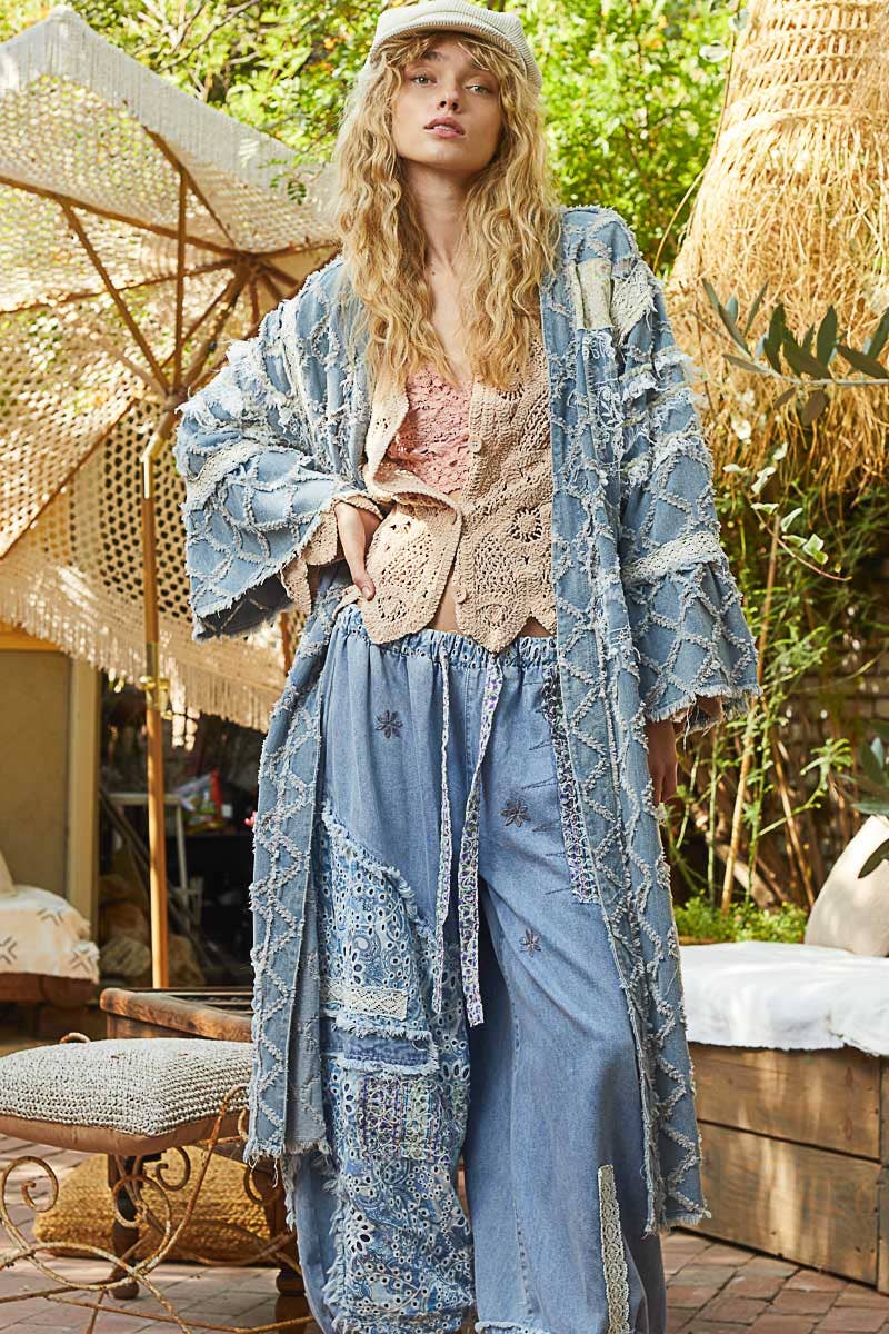 Flared sleeve lace denim cardigan