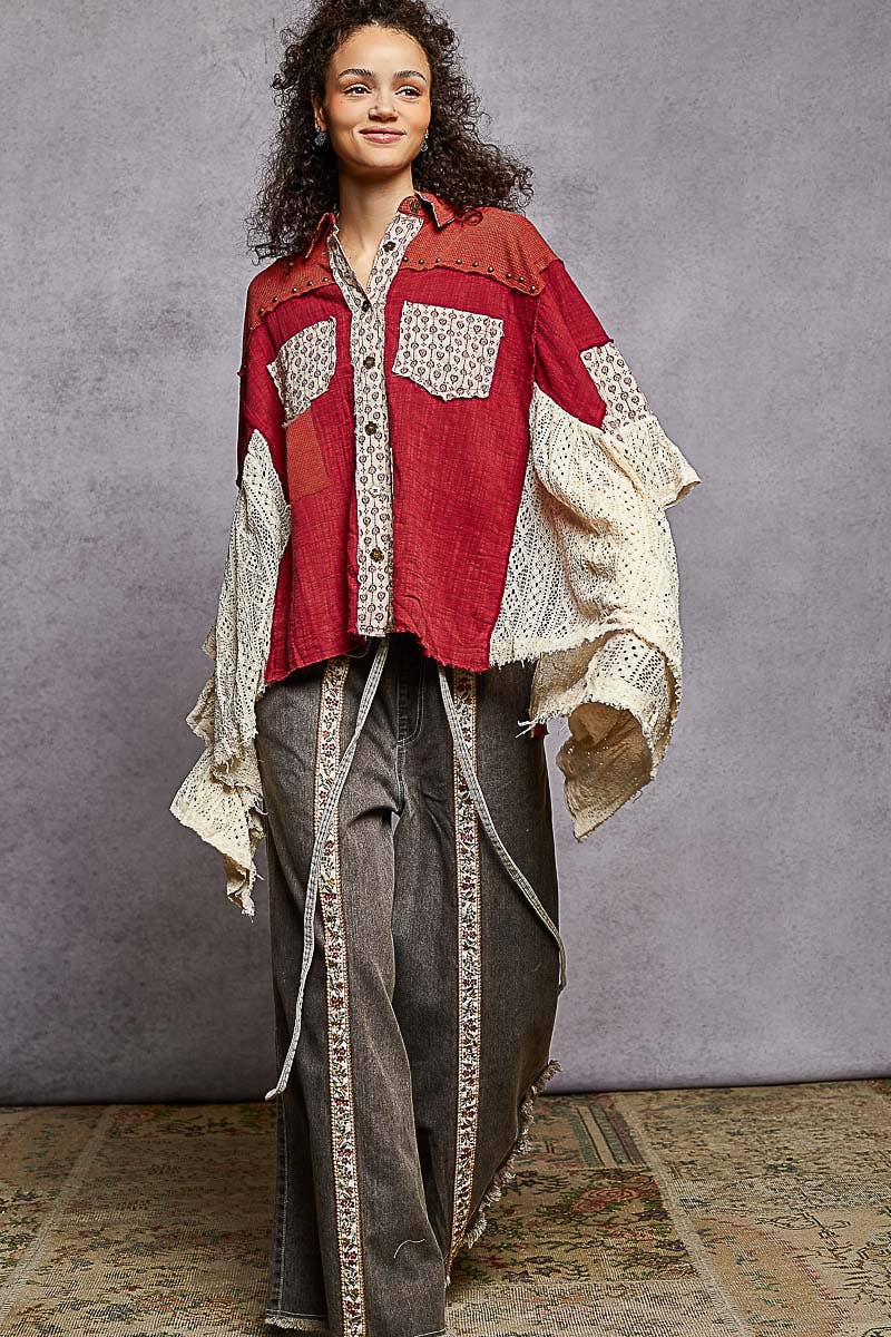 3/4 sleeve double gauze lace crochet patch ruffle woven top