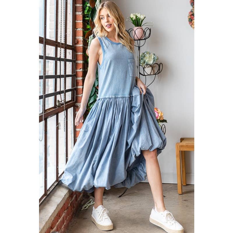 WASHED SLEEVELESS BUBBLE HEM MAXI TANK DRESS