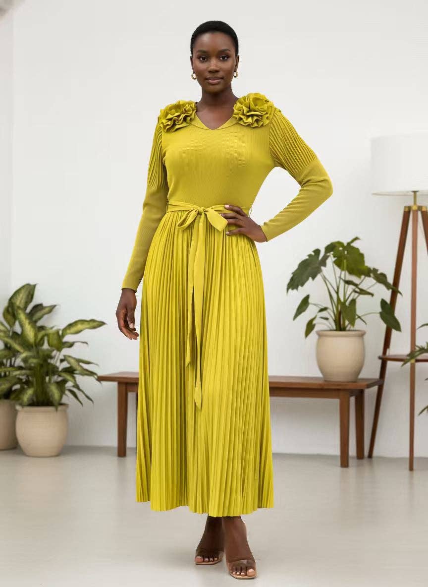 Pleated Rosette Shoulder Midi Dress