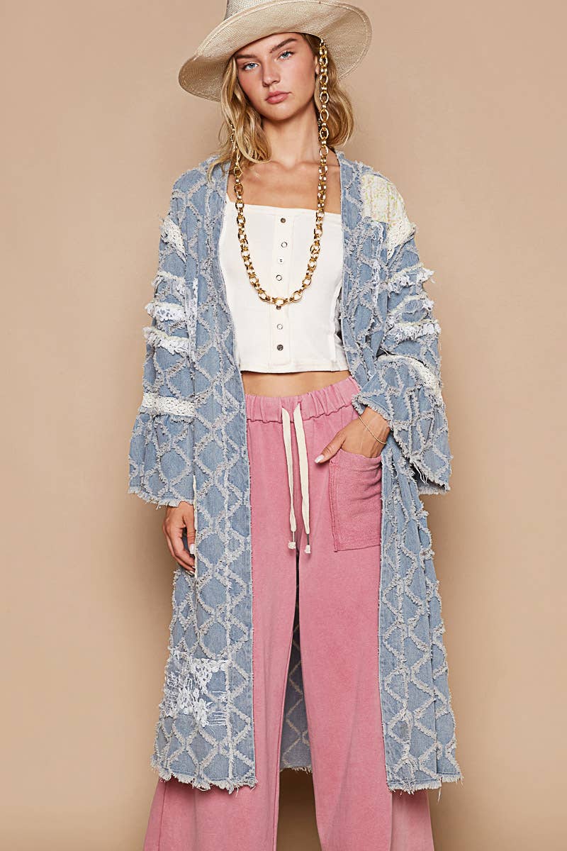 Flared sleeve lace denim cardigan
