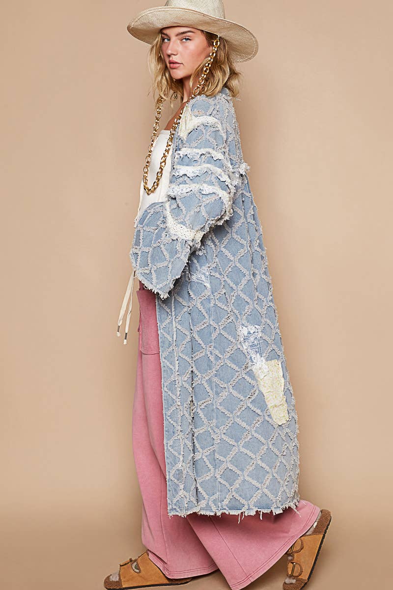 Flared sleeve lace denim cardigan