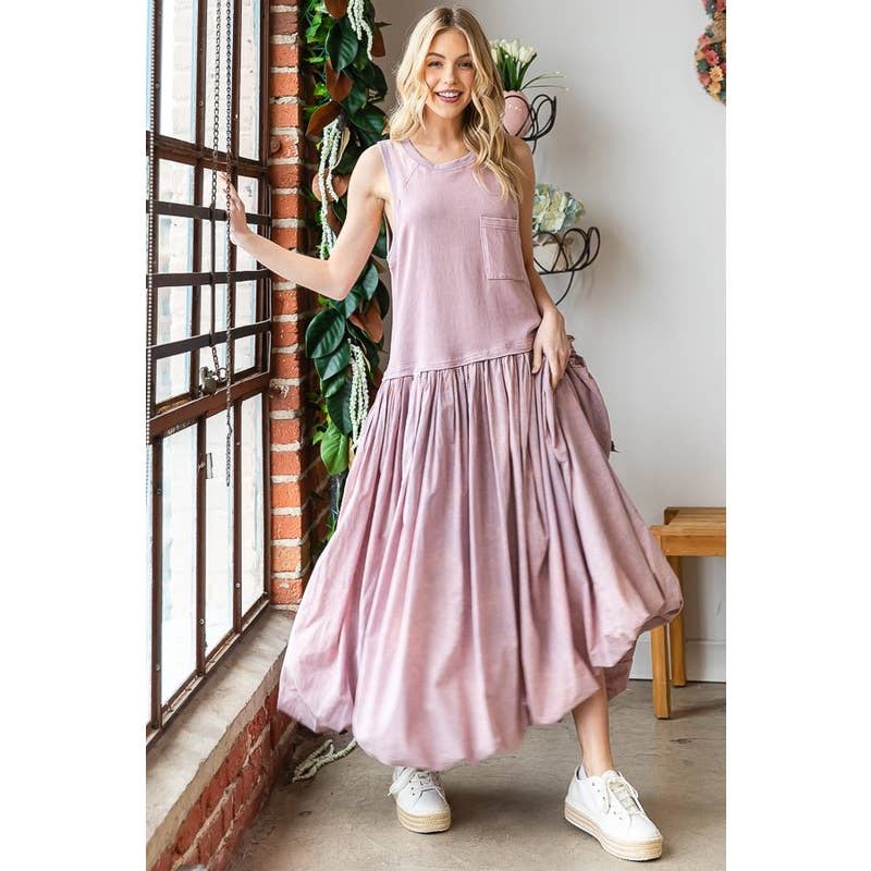WASHED SLEEVELESS BUBBLE HEM MAXI TANK DRESS