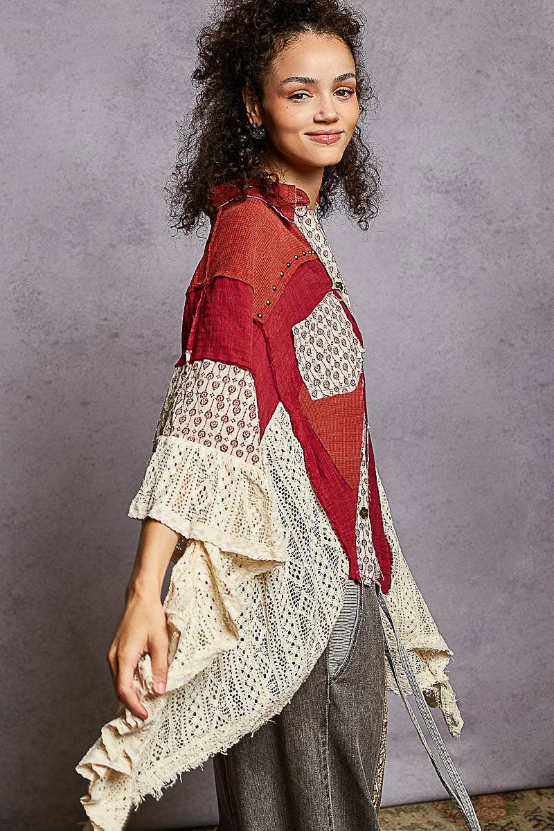 3/4 sleeve double gauze lace crochet patch ruffle woven top