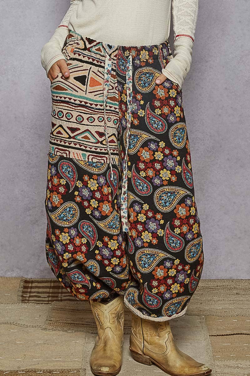 Jacquard contrast color elastic finish knit pants