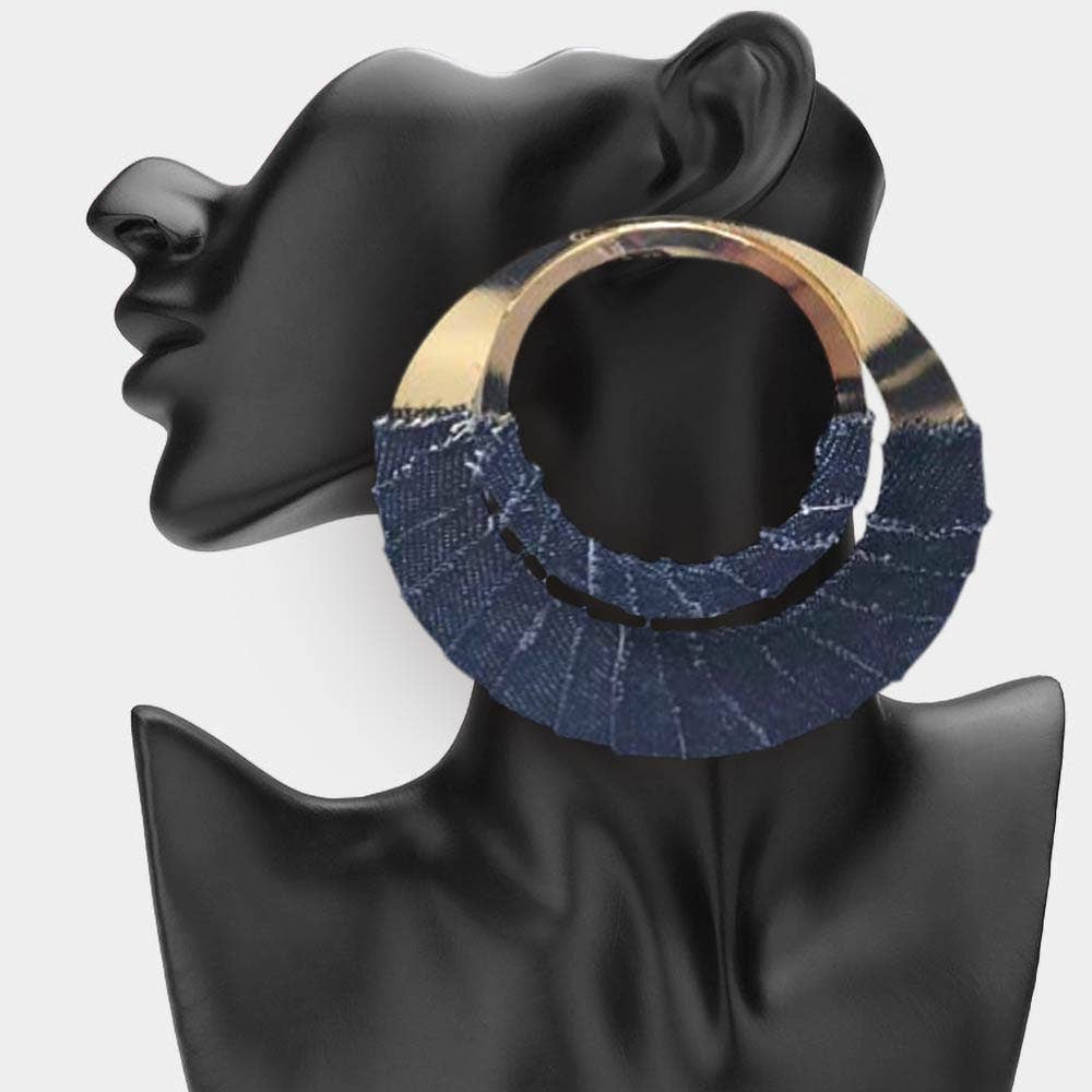 Oversized Frayed Denim Fabric Wrapped Layered Hoop Statement Earrings
