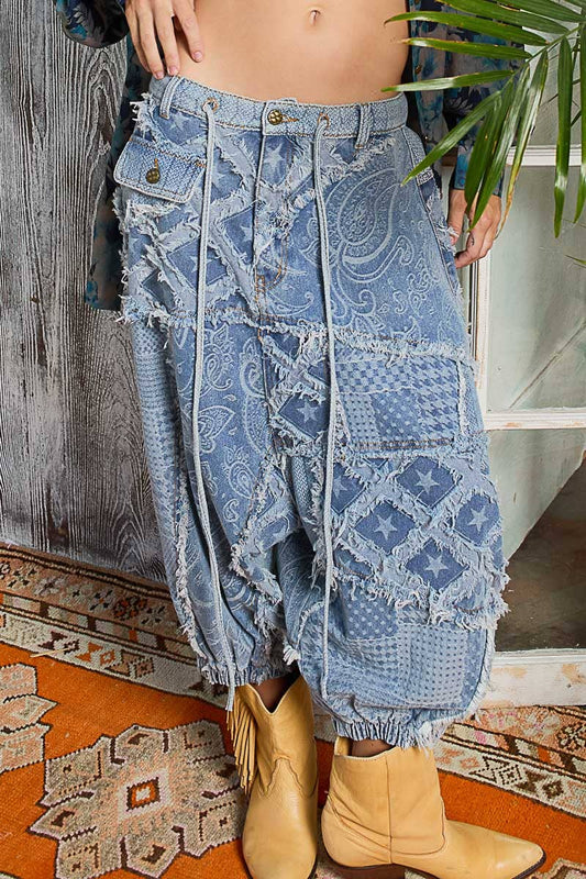 Paisley pattern frayed edge detail plaid harem woven pant