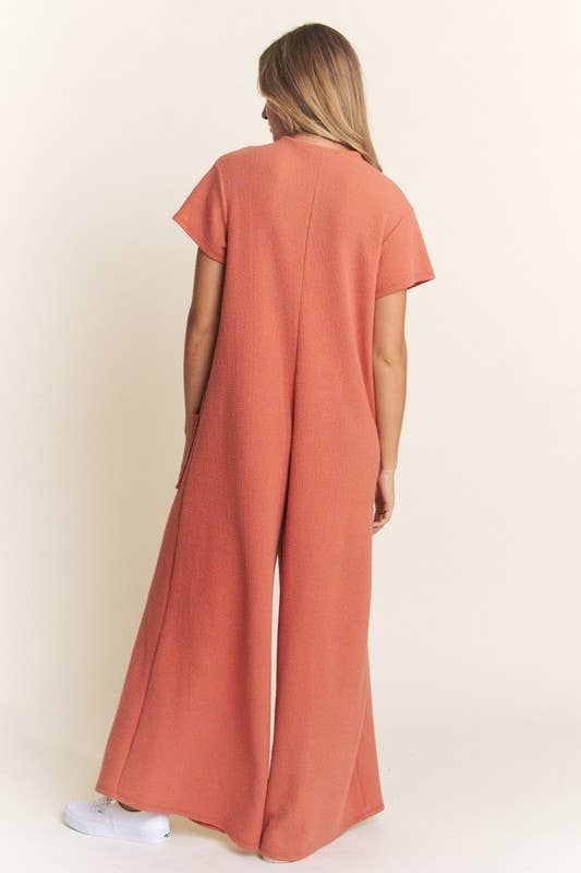 Short Sleeve Textured Wide-Leg Jumpsuit