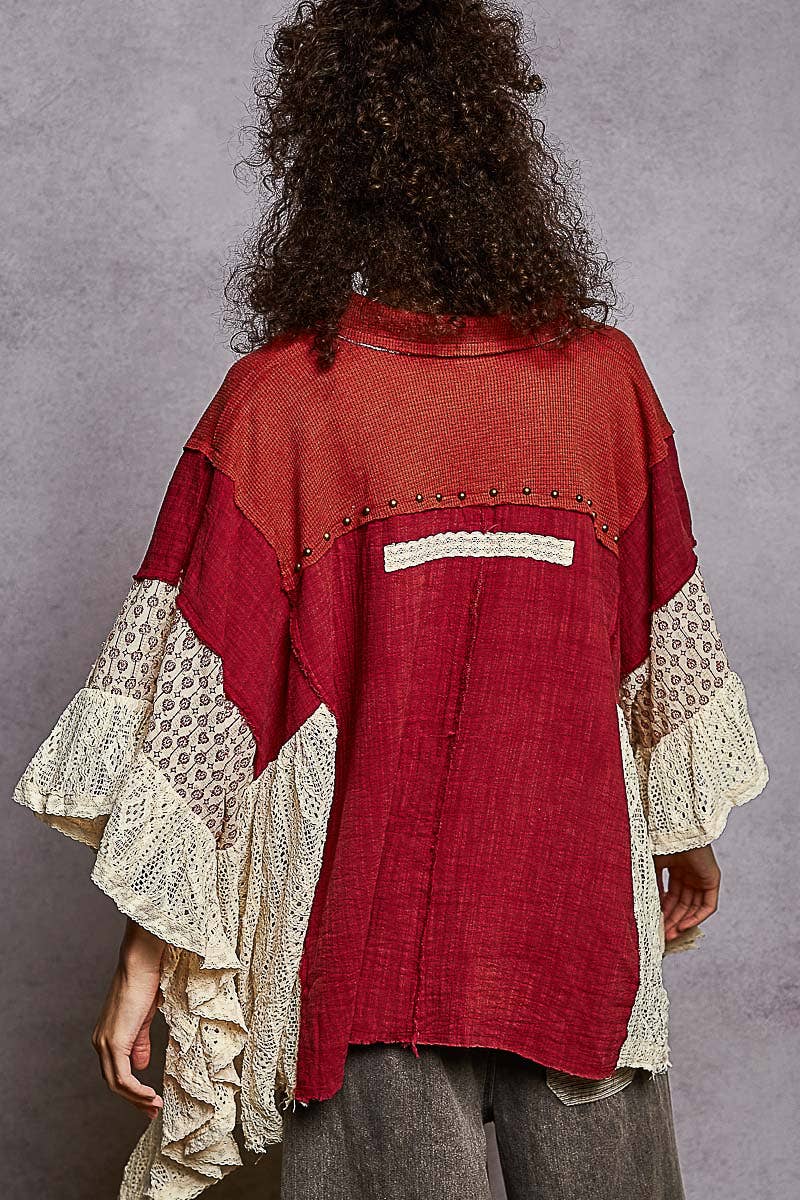 3/4 sleeve double gauze lace crochet patch ruffle woven top