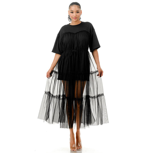 Tulle Overlay Midi T-Shirt Dress