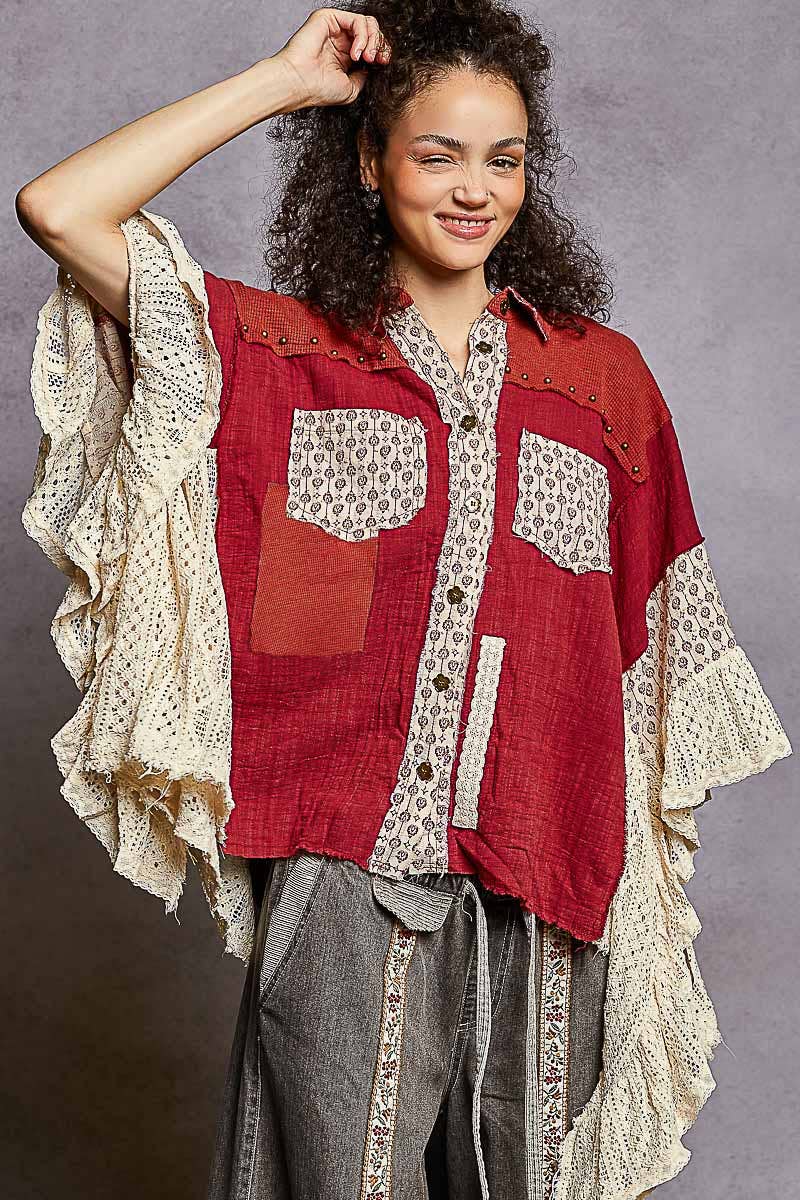 3/4 sleeve double gauze lace crochet patch ruffle woven top
