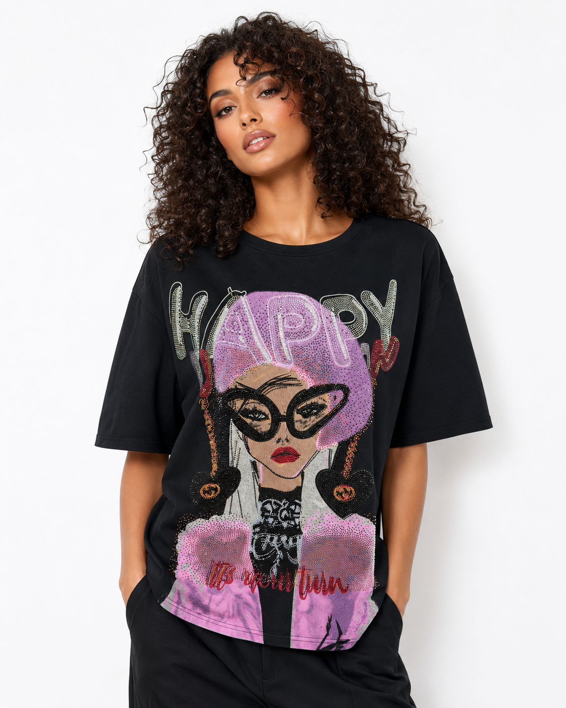 TL0005 HAPPY GLAM RHINESTONE T- SHIRT TOP (BLK, WHT)