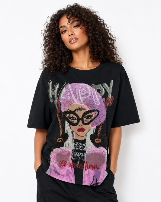 TL0005 HAPPY GLAM RHINESTONE T- SHIRT TOP (BLK, WHT)