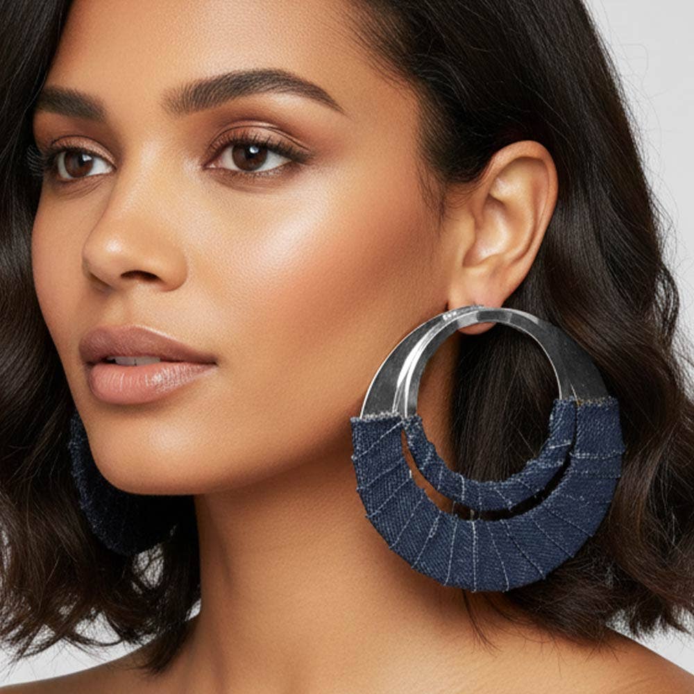 Oversized Frayed Denim Fabric Wrapped Layered Hoop Statement Earrings
