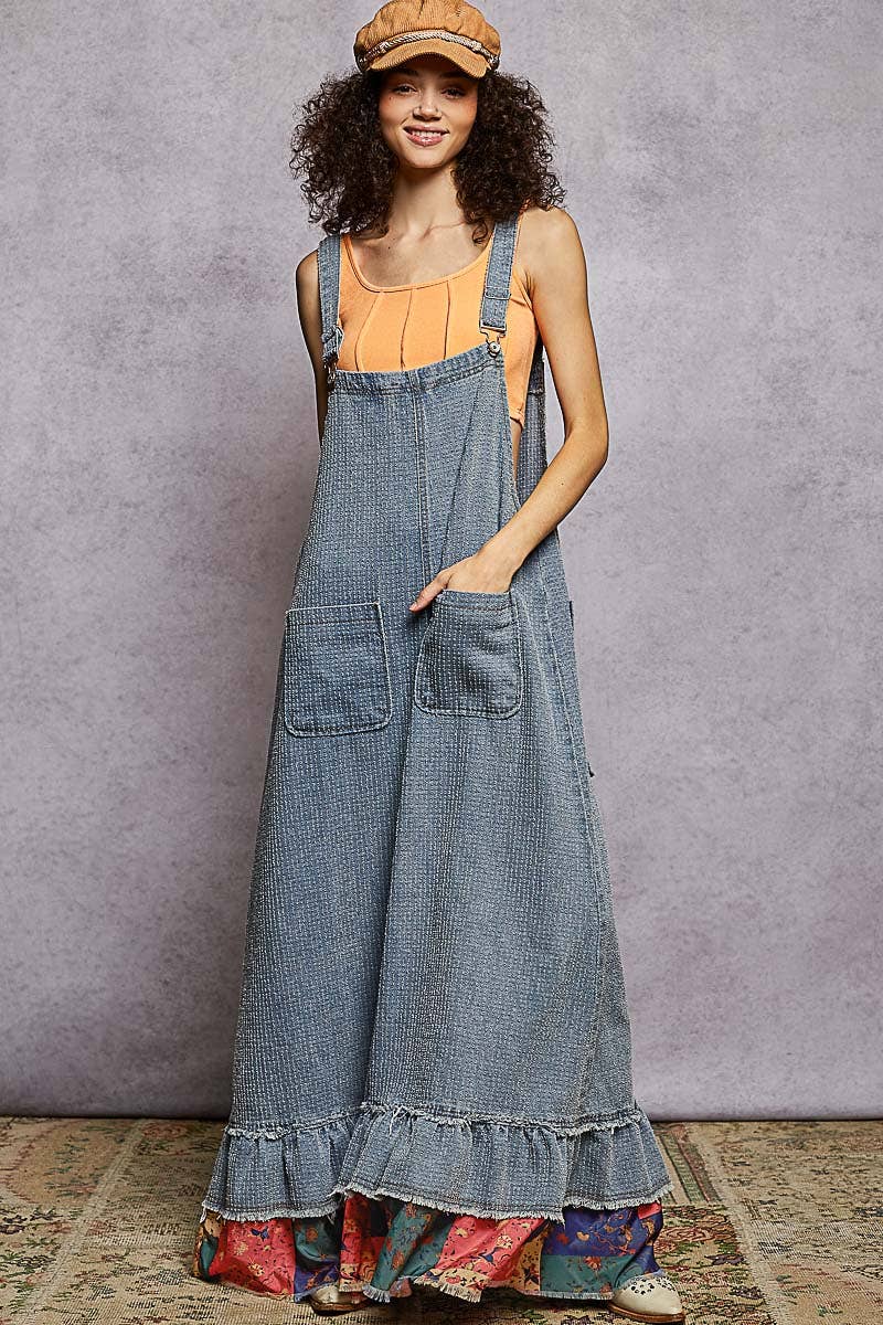 Sleeveless Textured Denim Contrast Ruffle Woven Overalls