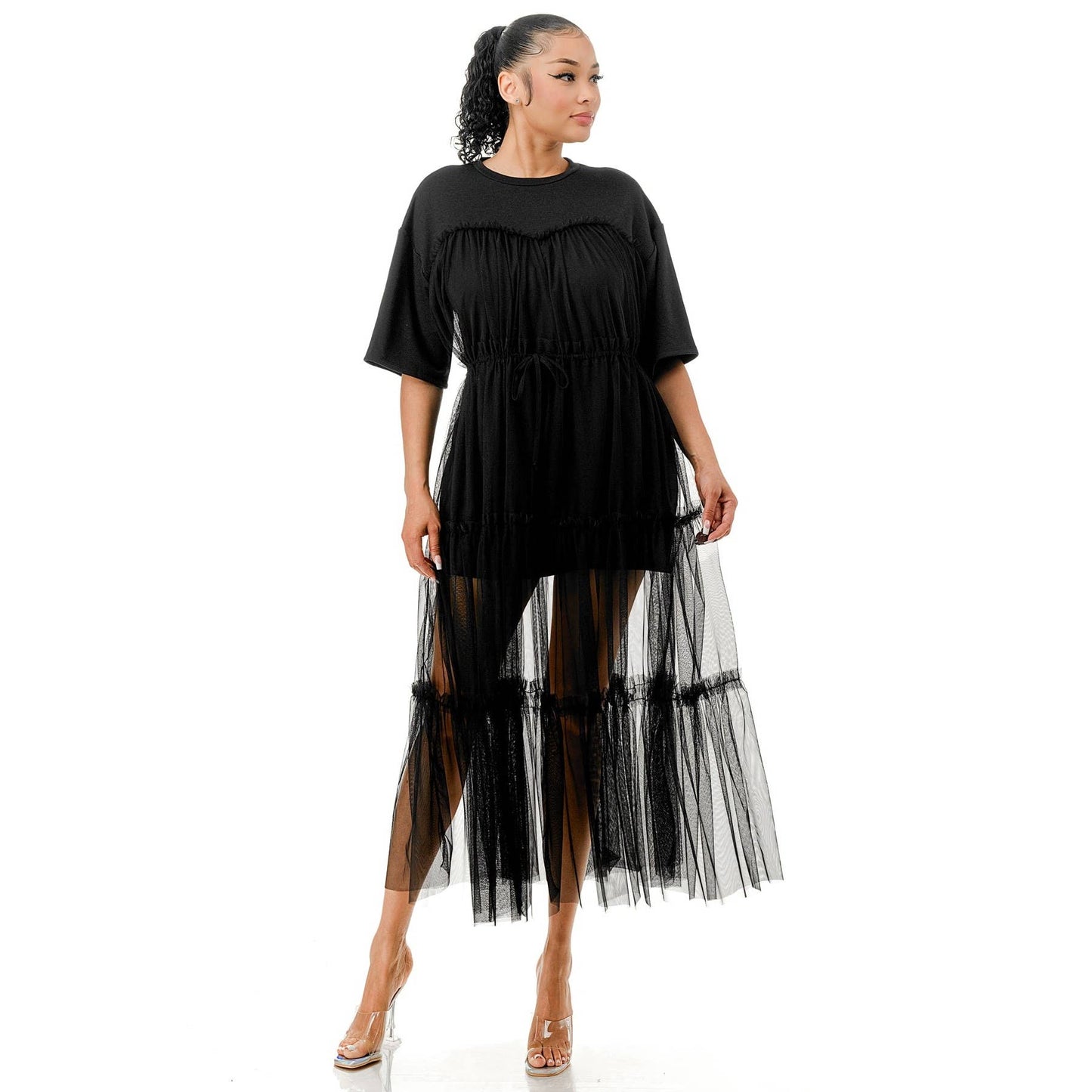 Tulle Overlay Midi T-Shirt Dress