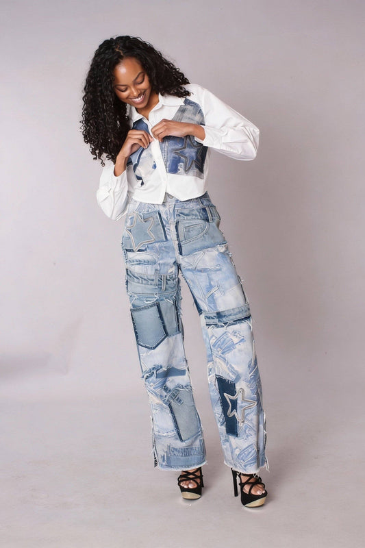 Patchwork Distressed Straight-Leg Denim Jeans