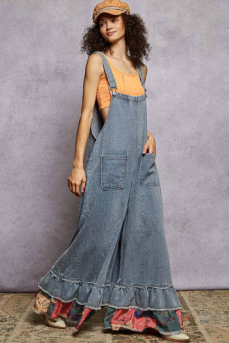 Sleeveless Textured Denim Contrast Ruffle Woven Overalls