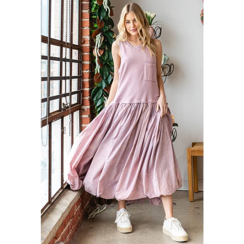 WASHED SLEEVELESS BUBBLE HEM MAXI TANK DRESS