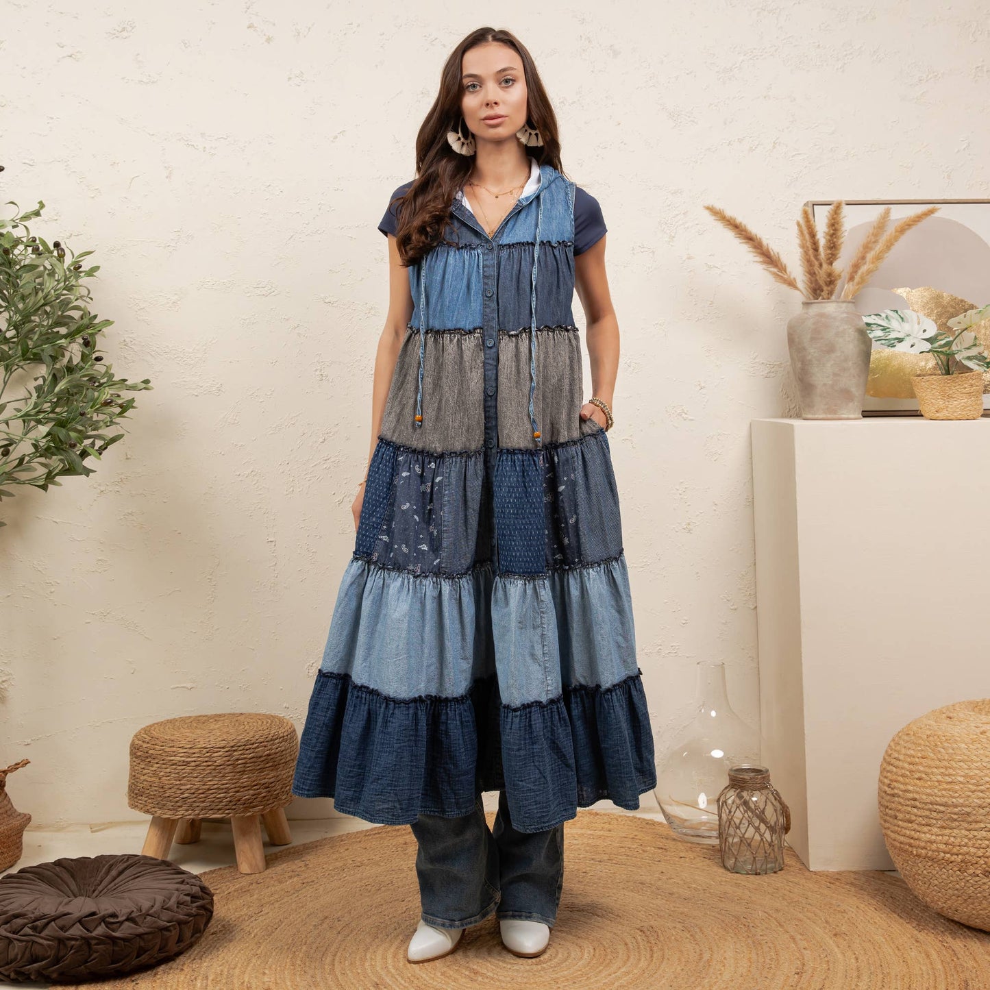 Boho Sleeveless Maxi Button-Front Duster With Hood NEW COLOR