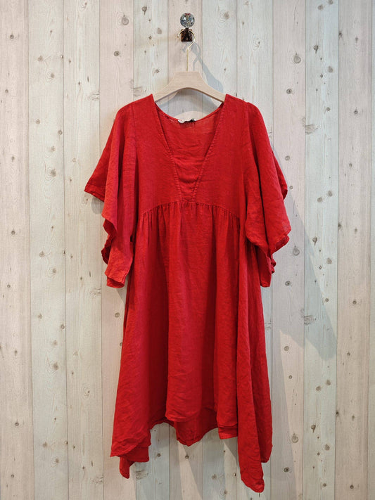 RUFFLE SLEEVE DRESS 100% LINEN