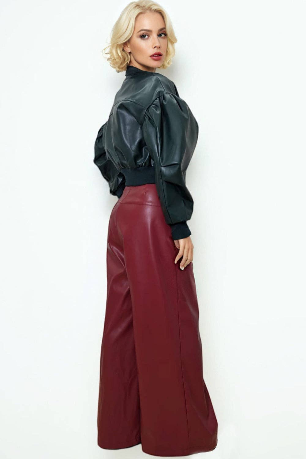 PLEATED FAUX LEATHER PANTS