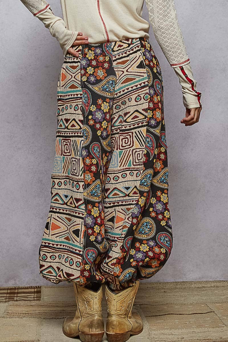 Jacquard contrast color elastic finish knit pants