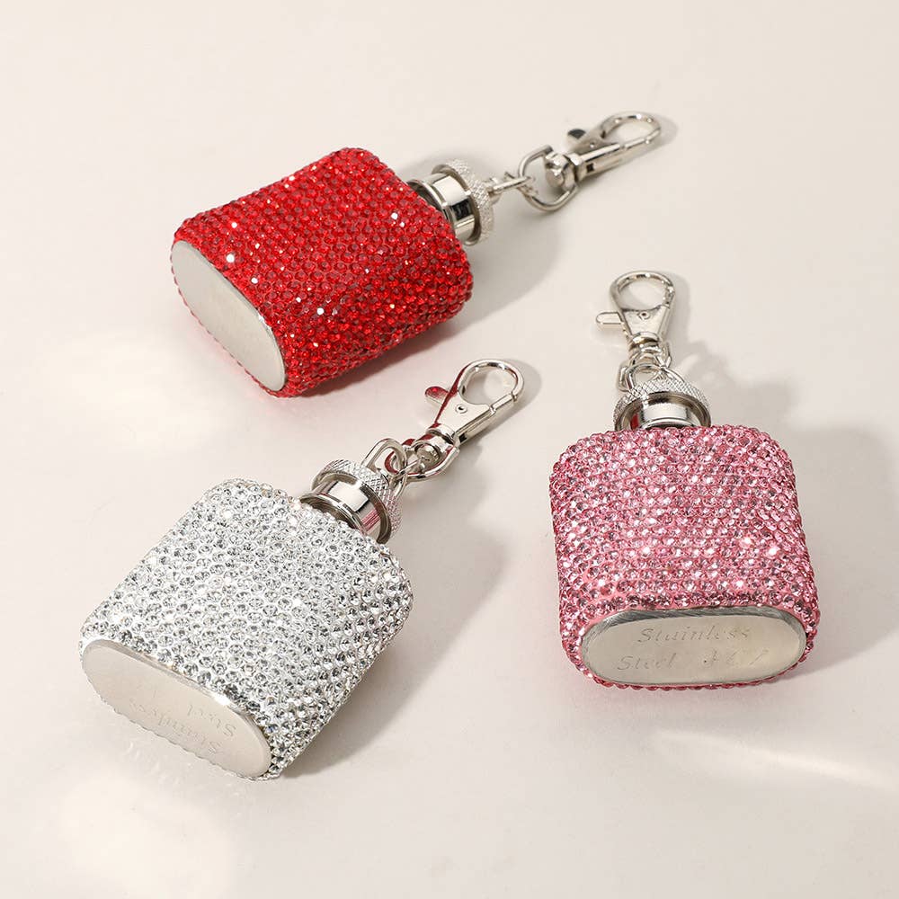 1oz Bling Studded Stainless Steel Mini Flask Keychain Charm