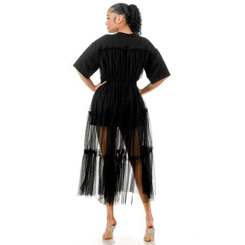 Tulle Overlay Midi T-Shirt Dress