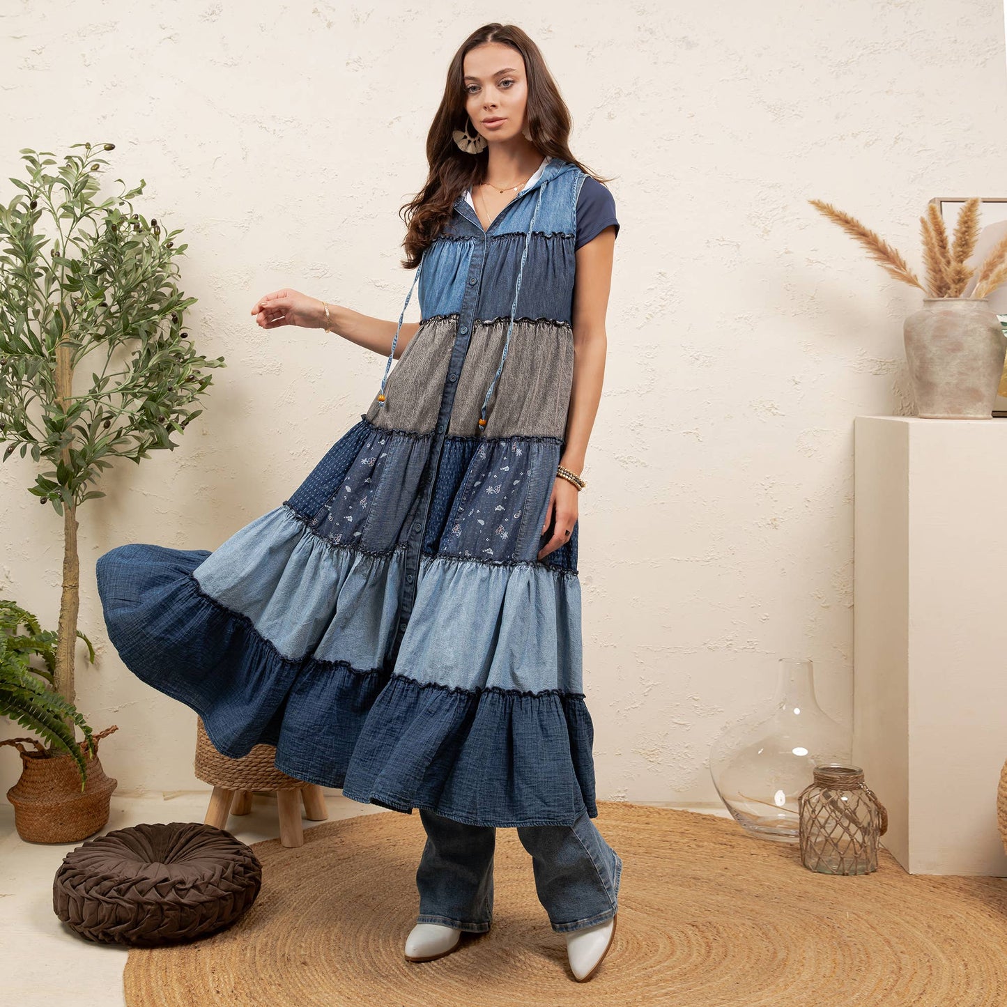 Boho Sleeveless Maxi Button-Front Duster With Hood NEW COLOR