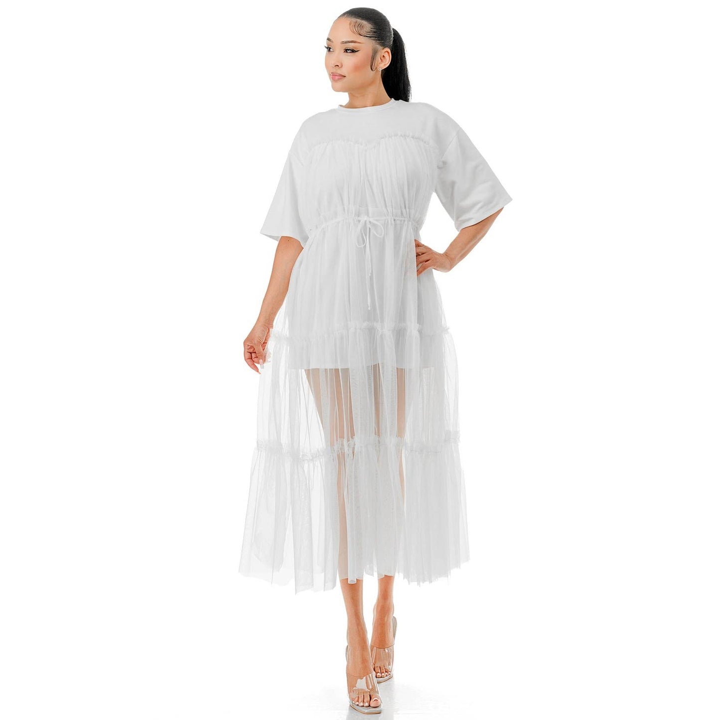 Tulle Overlay Midi T-Shirt Dress