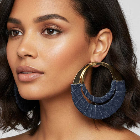Oversized Frayed Denim Fabric Wrapped Layered Hoop Statement Earrings