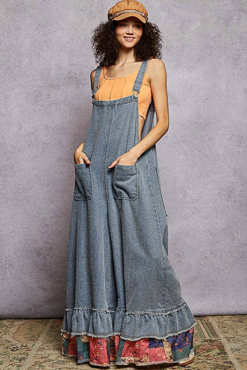 Sleeveless Textured Denim Contrast Ruffle Woven Overalls