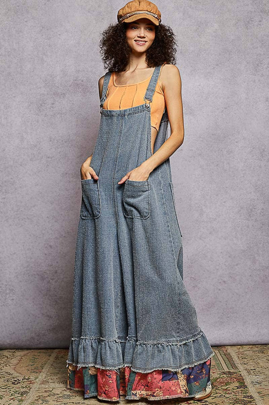 Sleeveless Textured Denim Contrast Ruffle Woven Overalls