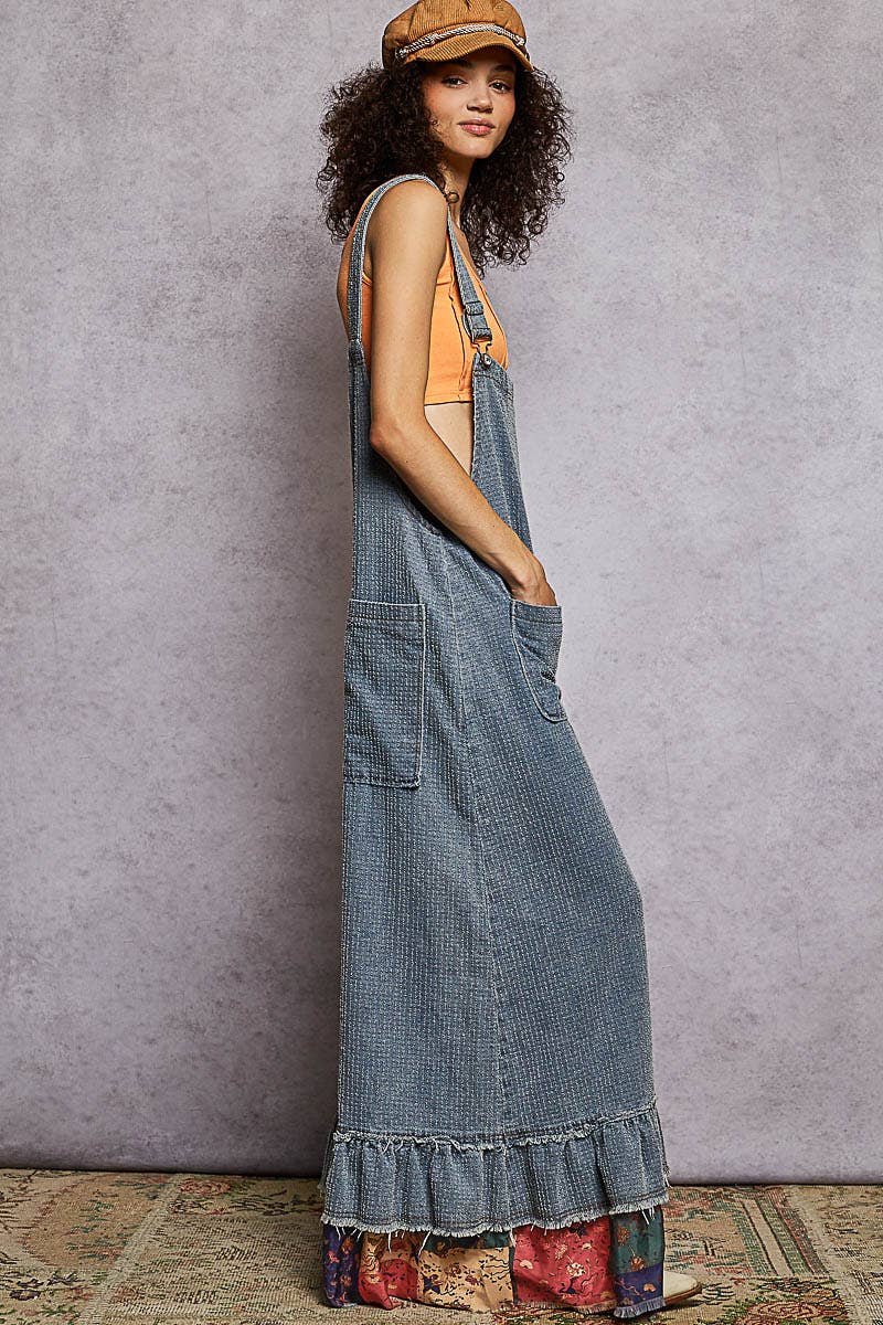 Sleeveless Textured Denim Contrast Ruffle Woven Overalls