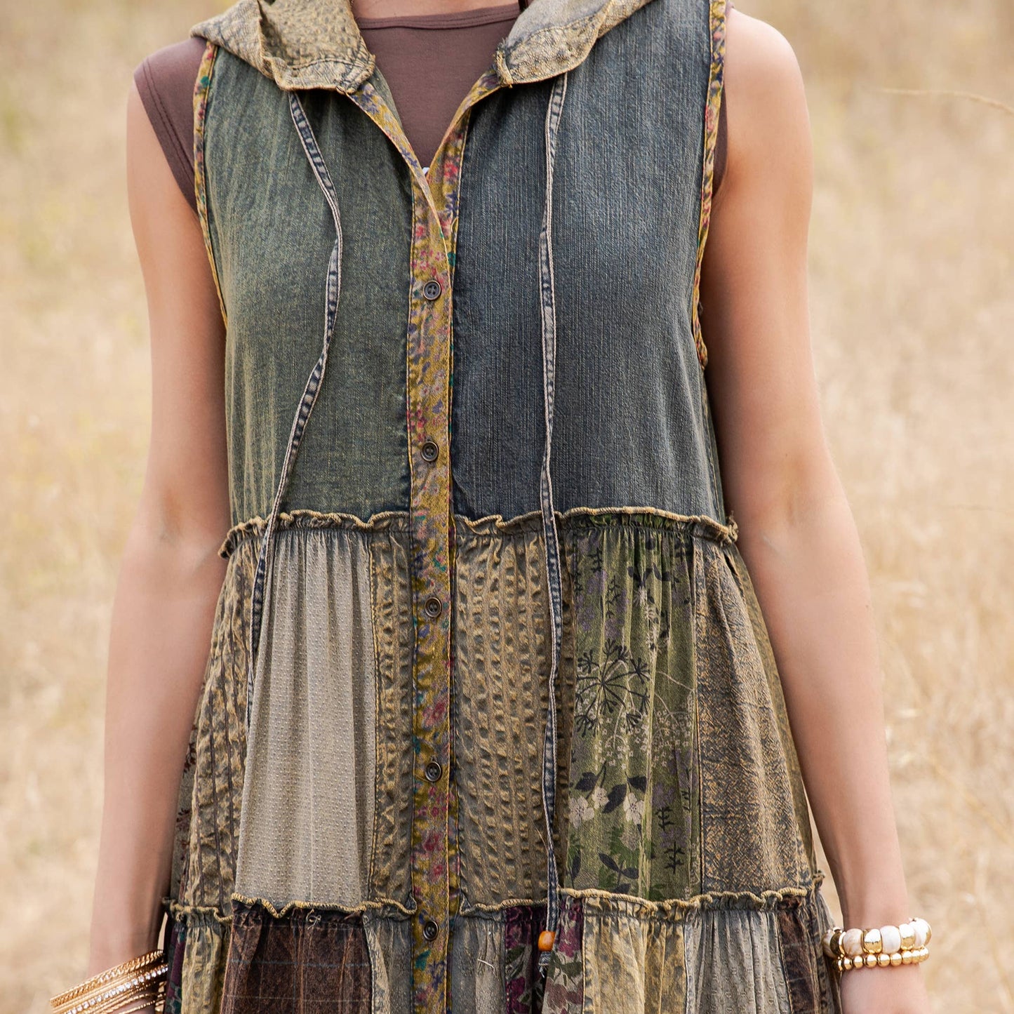 Boho Sleeveless Maxi Button-Front Duster With Hood NEW COLOR