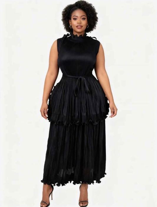 Ruffled Tiered Pleated Midi Dress